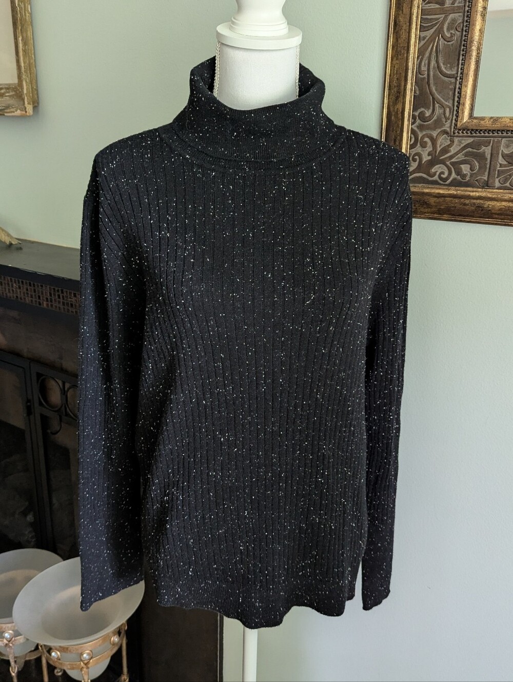Talbots Women's XL Button Cuff Ribbed Turtleneck Sweater Donegal Black